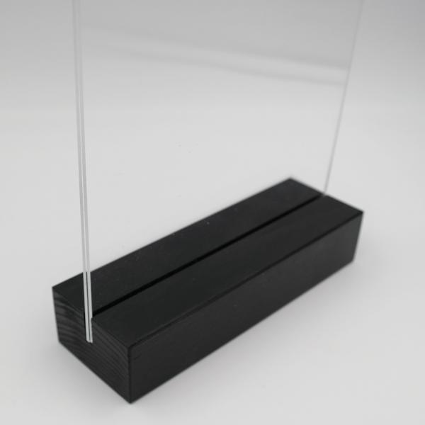 DIN A 5 Holzaufsteller hoch Display mit Acrylglas U-Tasche Eiche schwarz gebeizt und lackiert